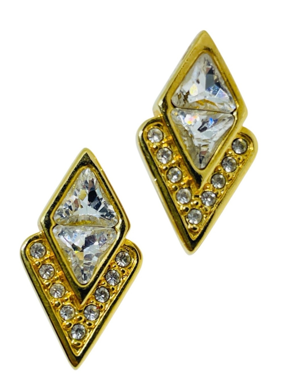 VTG 80s SAL Swarovski Crystal Earrings Gold Tone Geometric Glam Preppy Mob Wife